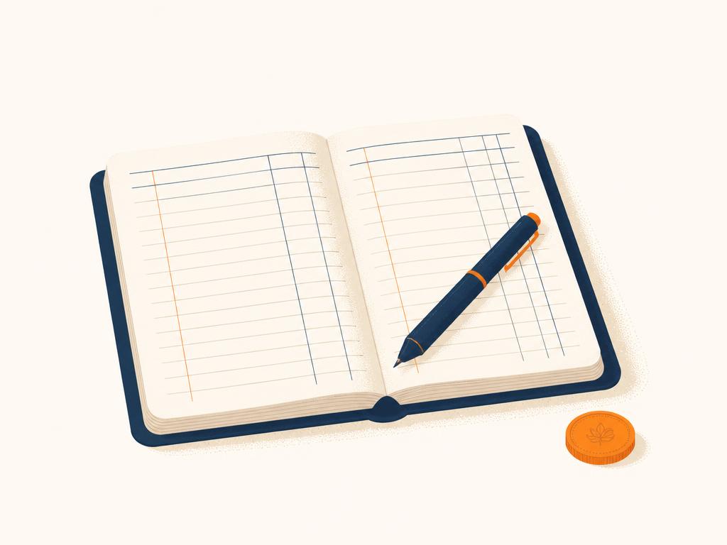 An open ledger notebook with blank lines, a pen and a single coin