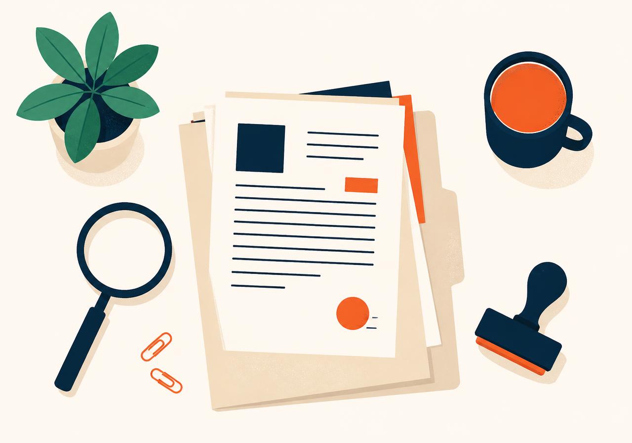 A reviewer's desk with a folder of documents, a magnifying glass and a stamp