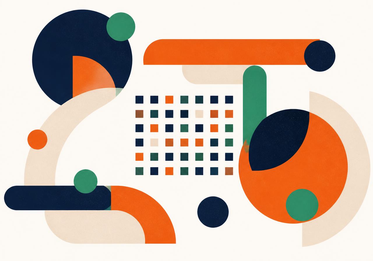 Abstract composition of circles, arcs and a grid of small squares