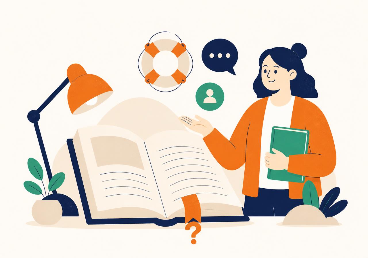 A guide standing beside an open book with help icons floating above it