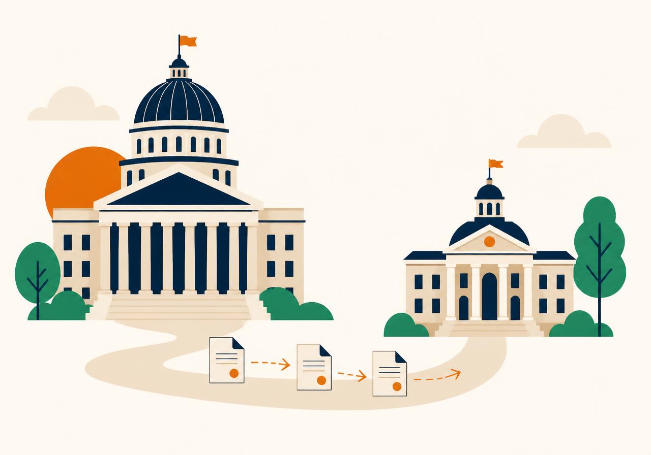 A federal revenue building and a state revenue building, with returns travelling between them