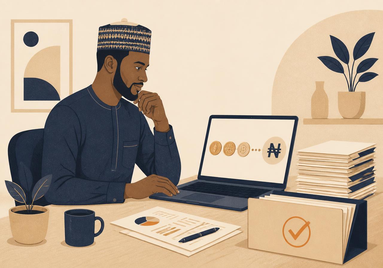 A business owner at a desk reviewing a digital asset ledger converting coins into Naira, beside a stack of records and a checked filing folder